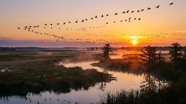 Birds crossing golden sunrise over wetlands landscape