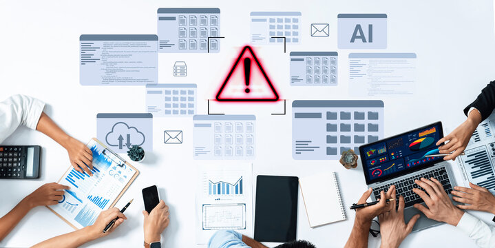 A team collaborates in a modern office setting, analyzing data and discussing strategies. A warning symbol alerts them to potential issues in their technology-driven projects. Gantry