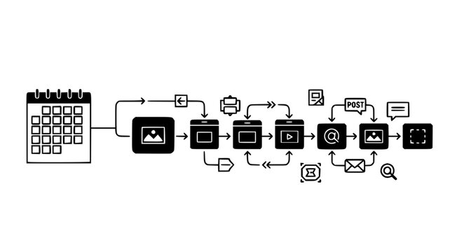 Pipeline Social Media Content Calendar with Publishing Flow Blocks Black Silhouette Vector Illustration