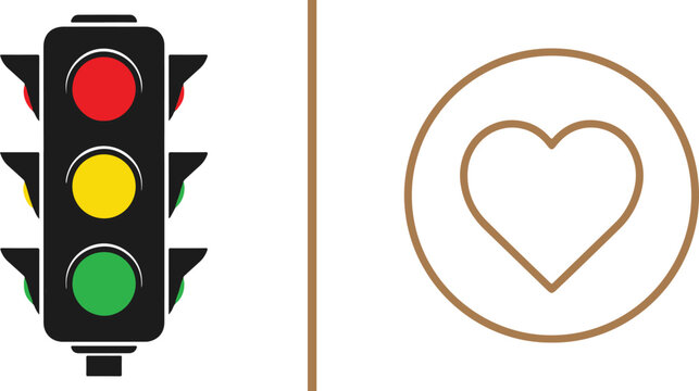 A vector illustration showing a classic vertical traffic light with red, yellow, and green lights next to a brown-outlined heart within a circle, separated by a vertical line.
