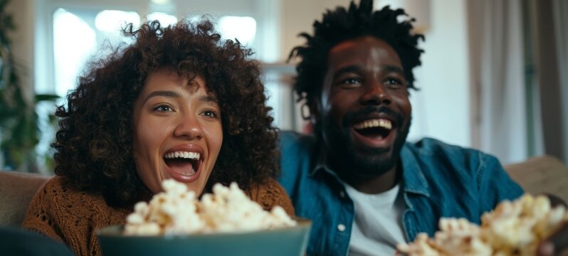 Couple Enjoying a Movie Night in Comfortable Home Theater