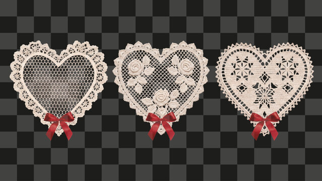heart shaped crocheted lace doilies with red bows isolated on transparent background handmade decorative element
