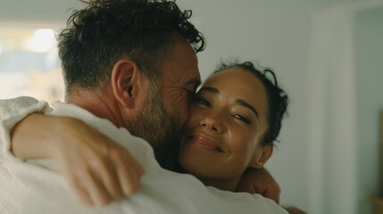 Fototapeta premium Emotional Moment: Man and Woman Hugging in a Room