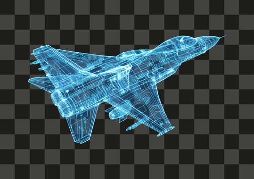 Blue glowing fighter jet wireframe isolated on transparent background futuristic aircraft blueprint