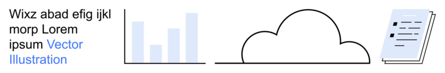 Data storage, cloud computing, analytics, business reports, digital management, information systems. Minimalist cloud icon, bar chart and document. Data storage and cloud computing © robu_s