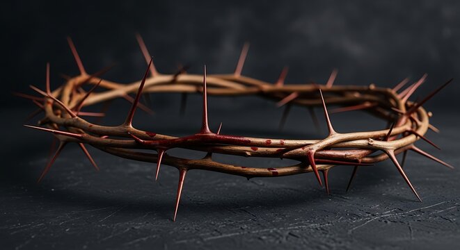 A circular crown of thorns, with bloodstains, rests on a dark, textured surface