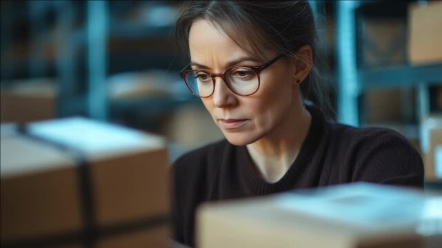 Female worker organizing packages in a warehouse environment. Focused on the task at hand.