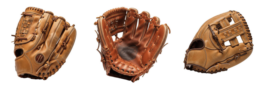 Set of Professional Brown Leather Baseball Mitts isolated on transparent PNG background for sports design