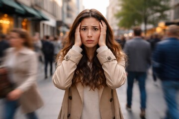 Obraz premium Confused stressed woman holding head in crowded urban environment