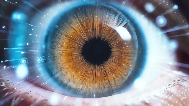 Close up of human eyes with futuristic digital effects technology and vision concept