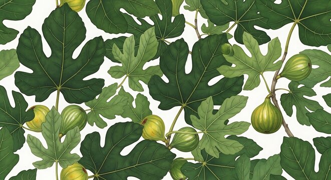 A detailed digital illustration of fig leaves, branches, and fruit over a white background