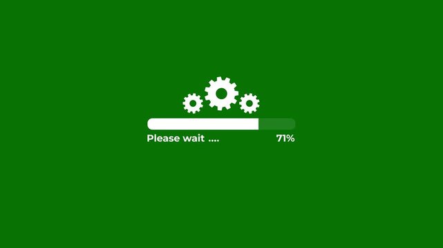 Futuristic loading bar animation with rotating gear icon and please wait text, smooth progress from 0 to 100 percent, modern digital interface design on clean green background