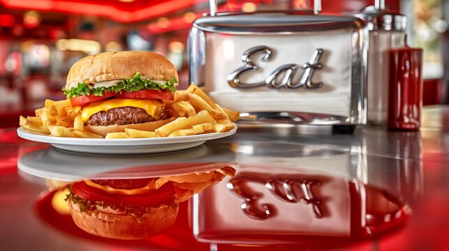 Cheeseburger with Golden Fries in Vintage Diner with Red Neon Glow
