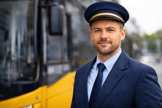 Professional bus driver in uniform standing near modern public transport vehicle