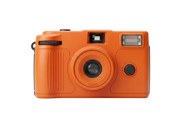 Orange 35mm compact film camera isolated. Vintage photography concept.