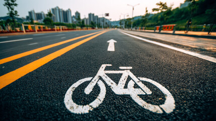 Obraz premium Urban bike lane with fresh road markings and directional arrow on smooth asphalt under early morning light in city setting