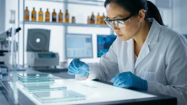 Professional in protective gear evaluating glass with advanced tools