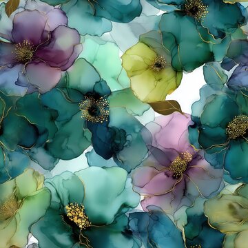 Seamless alcohol ink floral pattern with dark teal, lime green, and purple flowers and gold veins.