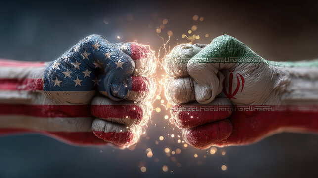 Powerful clenched fists painted with USA and Iran flags colliding with sparks, symbolizing geopolitical conflict, confrontation and international tension.
