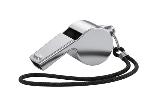Silver metal whistle with black cord side view isolated. Sport referee equipment.