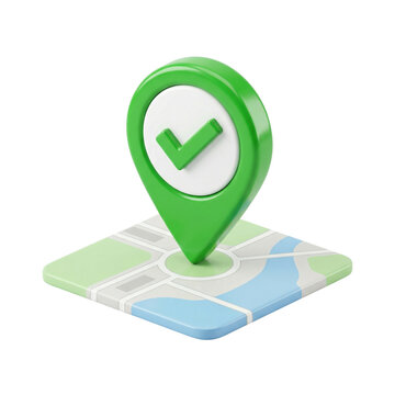 3D map pin with checkmark on square map isometric isolated. Success and location concept.