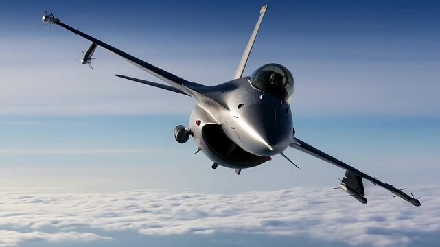 Military airplane speeds toward camera with mirrored glass canopy and sharp nose