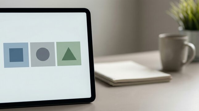 Tablet displaying geometric shapes on desk in bright, minimalist office setting for cognitive testing or design concept