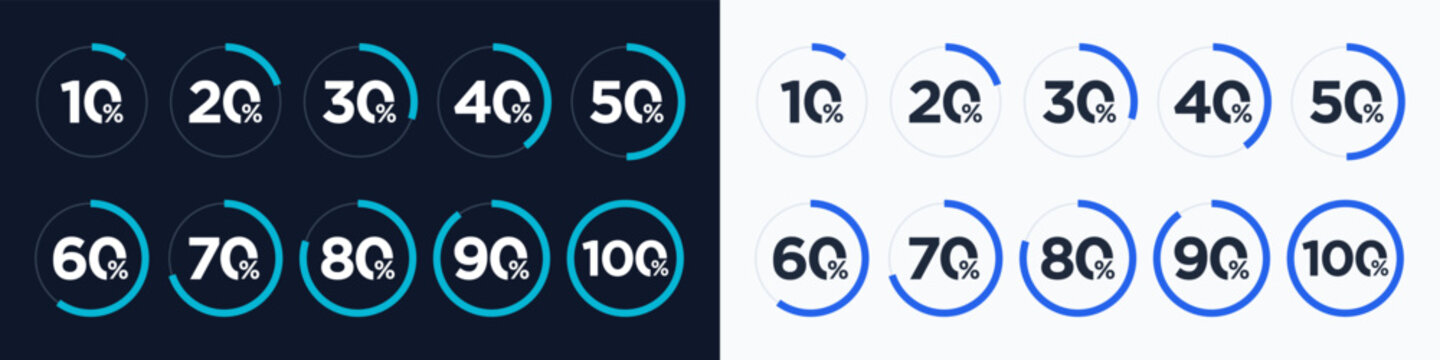 Circle progress bar percentage indicators from 10 to 100 percent. Light and dark mode infographic loading status. Radial statistic charts and data visualization for UI dashboards. Vector illustration.