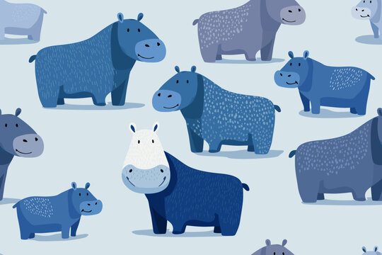 Cute hippopotamus isolated on blue background seamless pattern