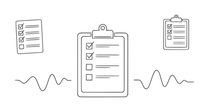 Black and white checklist clipboards with soundwave checkmarks boxes paper