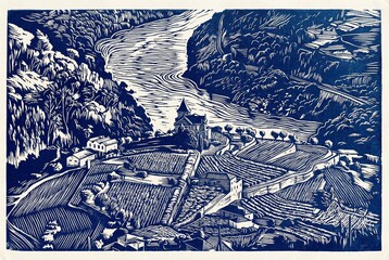 Naklejka premium Two-color linocut of Douro Valley (Vale do Douro) vineyards and river. Traditional estate (Quinta) on terraced hills in Portugal.