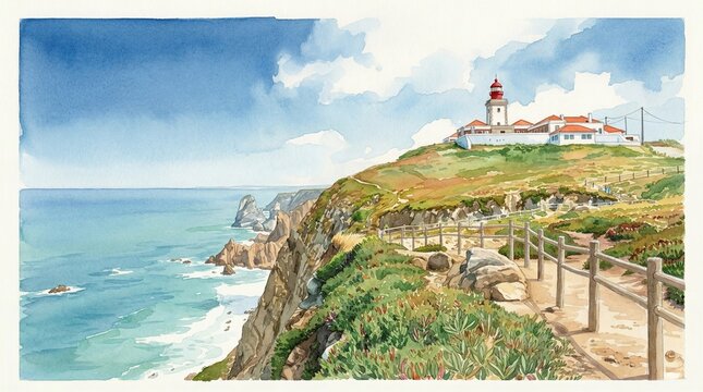 Watercolor painting of Cape Roca (Cabo da Roca) lighthouse and cliffs in Sintra, Portugal. The westernmost point of continental Europe overlooking the Atlantic Ocean.