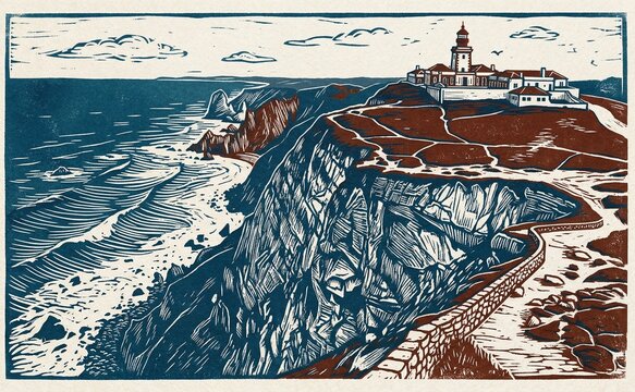 Two-color linocut of Cabo da Roca Lighthouse (Farol do Cabo da Roca) on rocky cliffs overlooking the Atlantic Ocean in Sintra, Portugal.
