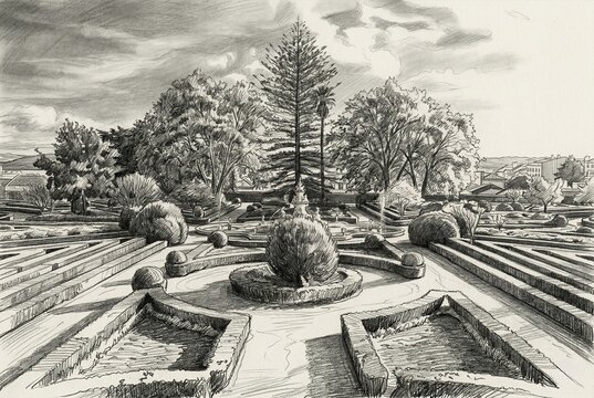 Pencil drawing of Jardim do Paco Episcopal (Jardim do Paco Episcopal) in Castelo Branco, Portugal. Features geometric parterre gardens, fountains, and tall trees.