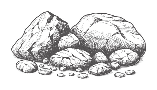Hand drawn of various sized rocks and pebbles a white stones monochrome black