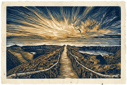 Two color linocut of Boca do Inferno (Miradouro da Boca do Inferno) path overlooking Sete Cidades lakes in Ponta Delgada, Azores, Portugal. Beautiful nature trail.