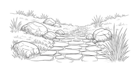 Rustic stone pathway winding through grassy landscape with large boulders stones © Parvej