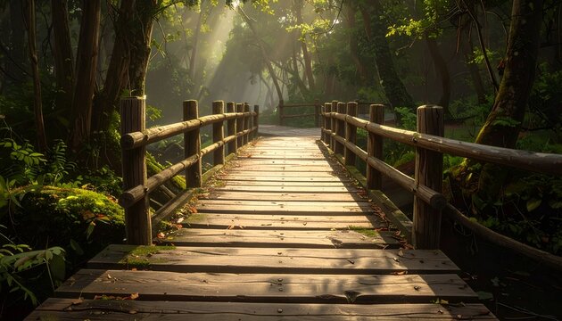 jembatan dengan latar belakang pepohonan dan kabut yang indah