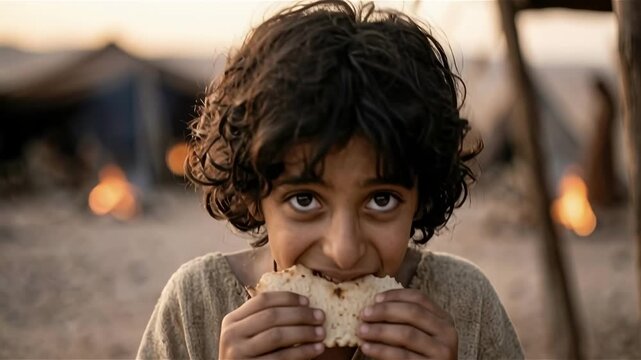 Close up of a young middle eastern boy eating traditional flatbread in a rustic desert camp for food security concept and cultural heritage