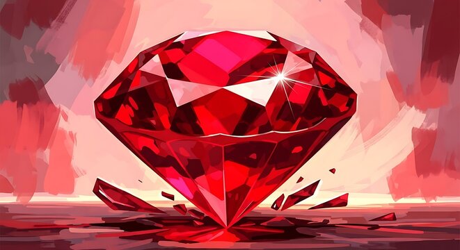 A vibrant, detailed illustration of a large, faceted, red gemstone with shards at its base