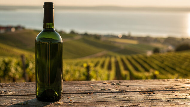 Realistic White Wine Bottle with Capsule, Elegant Label-Ready Bottle Outdoors in Vineyard
