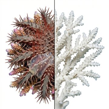 A Detailed Photo Comparing an Acanthaster planci Crown-of-Thorns Starfish and a Bleached Coral Branch Against a White Background