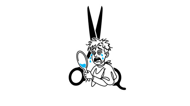 Minimalist Barber Scissors with Bad Haircut Cartoon Line Art, Monochrome Vector Illustration with Blue Tears Accent