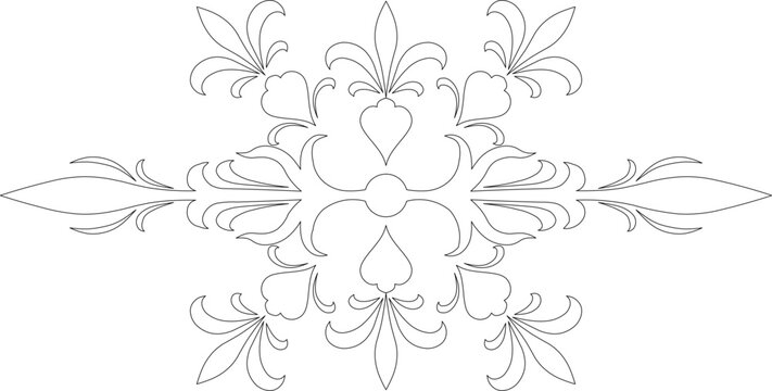 Technical decorative drawing showing symmetrical ornamental pattern with fleur-de-lis motifs, scrolling elements and heart shapes in cross formation.