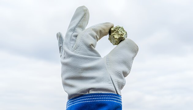Hand holding precious ore with protective glove