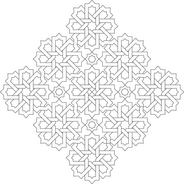 Technical architectural drawing showing an intricate Islamic geometric pattern with interlacing bands forming a four-pointed star or cross shape.
