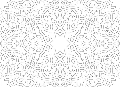 Technical decorative drawing showing an intricate arabesque pattern with a central star motif and swirling vegetal forms for screen or tile design.