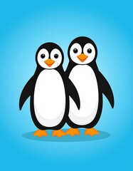 Naklejka premium Two cheerful cartoon penguins are shown closely together against a light-blue gradient background. The penguins have white bellies