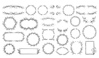 A collection of elegant floral wreath designs in a minimalist line art style © Rina