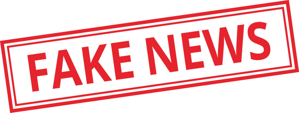 Red fake news rubber stamp icon isolated on white. Tilted rectangular graphic for misinformation and social media.